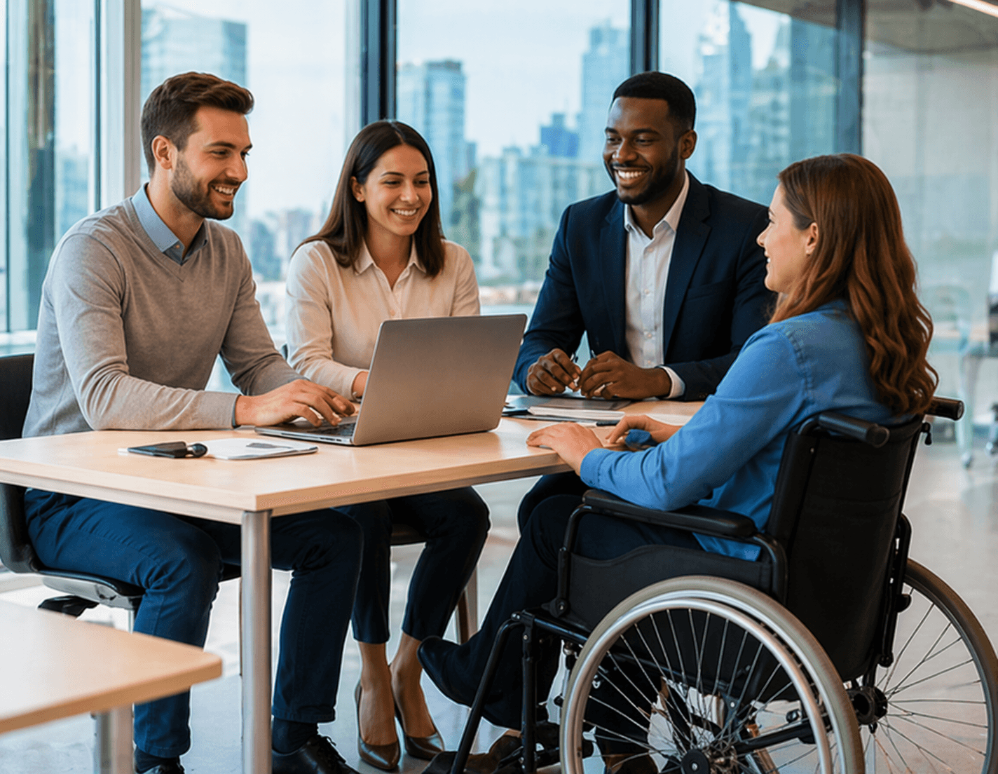 Réunion inclusive en entreprise avec une personne en fauteuil roulant